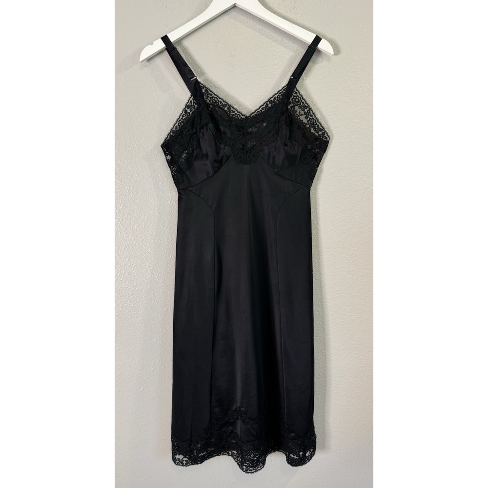 Vintage 70s Adonna Black Nylon Lace Full Slip Dress Size 34 USA Coquette Goth
